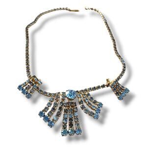 Duane Signed 50's Vintage Crystal Rhinestones Necklace Blue Gold Regency Glam